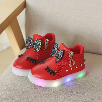 Размер 21-30 детски светещи маратонки Kid Princess Bow for Girls LED Shoes Сладко Бебе Sneakers with Light Shoes Luminous