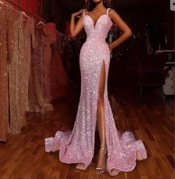 Bling Bling Pink Mermaid Evening Dresses 2020 Spaghetty Straps Sweetheart Секси Prom Dresses with Цепка Пайета дълги вечерни рокли