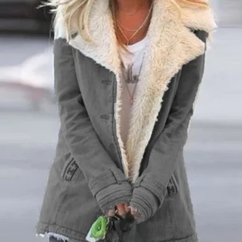 WENYUJH Women Plus Size топло палто композитни плюшени копчета лацканы яке връхни дрехи от дебели зимни джобове твърди топло палто
