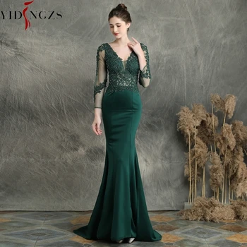 YIDINGZS Burgundry V-образно деколте апликация във форма на пръчки с дълъг ръкав вечерна рокля See through Elegant Evening Party Dress YD16357