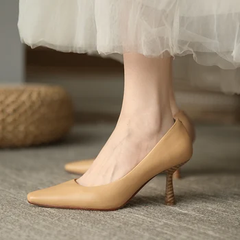 Жените естествена кожа обувки на висок ток дамска мода с остър сватба помпа тънки токчета на обувки за дамски обувки размер 34-39