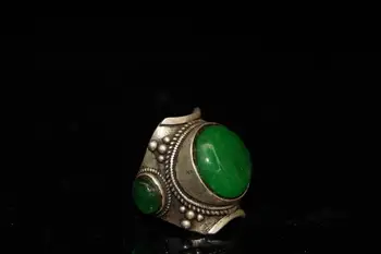 Тибет и Непал народно старо Тибетское сребро инкрустировано зеленокаменным нефритовым пръстен