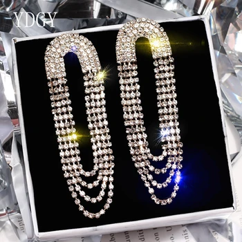 YDGY луксозни сватбени блестящи планински кристал, обеци за жени на мода изявление дълъг пискюл обеци партия бижута на едро