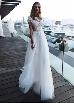 Ефектен тюл Бато деколтето А-силует на сватбени рокли с веригата на дантелени апликации плажни сватбени рокли, сватбени рокли