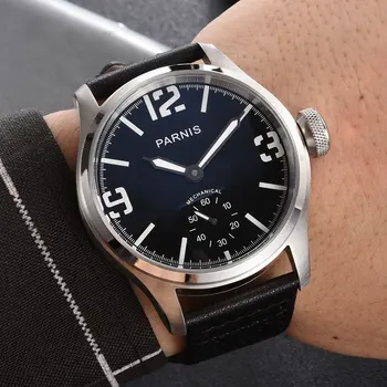 Parnis 46 мм черен циферблат механична ръка вятър часовници мъжки светлинна водоустойчив Кожена каишка за часовник мъжки
