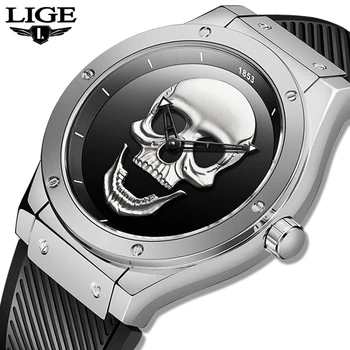 Мъжете 3D череп часовници LIGE нова мода топ марка луксозни силикон водоустойчив мъжки часовник Кварцов часовник творчески мъжете Relogio Masculino