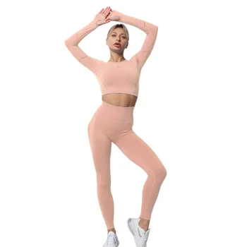 Йога костюм пот дамски дрехи, комплекти есен смучене на бедрата изкачване висока талия фитнес панталони здраво дълъг ръкав от две части йога комплект