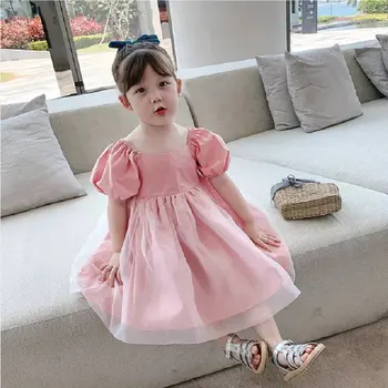 Момичета С Къси Буйни Ръкав Puff Sleeve Mesh Sweet Solid Color Princess Dress Момче Децата Лято 2020 Мода Рокля С Квадратно Нова