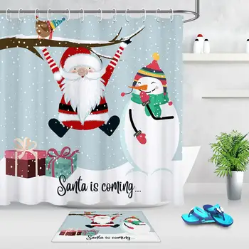 Cartoony Дизайн Зимна Снежна Коледна Завеса За Душ Забавен Дядо Коледа, Снежен Човек Подарък Кутия Завеса За Баня И Мат Декорация На Баня