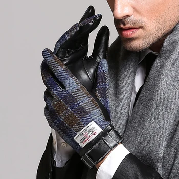 Мъжете твидовые вълнени и кожени ръкавици сензорен екран Есен Зима мъжки Варежка сгущает топли мъжете бизнес каре ръкавици за шофиране NZ158