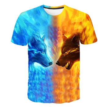 Мода момчета върховете Вълк 3D печат тениска готина забавна тениска с къс ръкав потник с тениска Момиче животните печат тениска деца 3-15Y