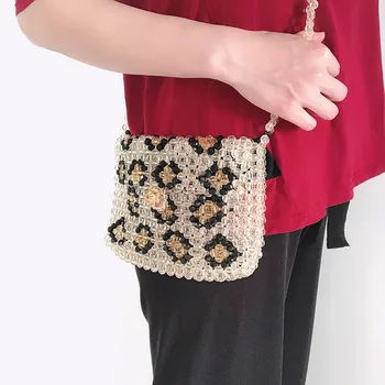 Новият ретро-ръчно изработени тъкани Перлена чанта за жени Дамите вечерна парти чанта с елегантен Leopard-Print Messenger Crossbody чанта