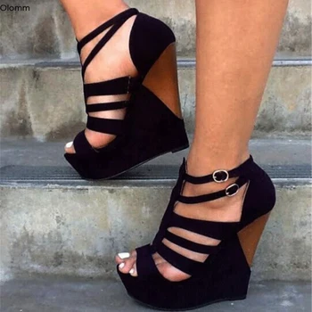 Olomm Women Платформа Gladiator Sandals клинове сандали на висок ток с отворени пръсти Черна Клубна обувки Women US Plus Size 5-15