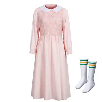 Eleven S с дълъг ръкав розова рокля носия за странните неща, Хелоуин cosplay жени момиче кукла яка вечерна парти във рокля