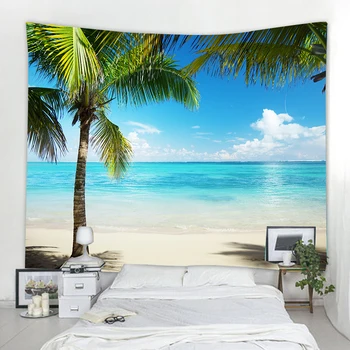 Слънчев кокосова палма на плажа гоблен евтини зелени дървета печат стенен богемные Мандала стенно изкуство голям гоблен залез начало декор