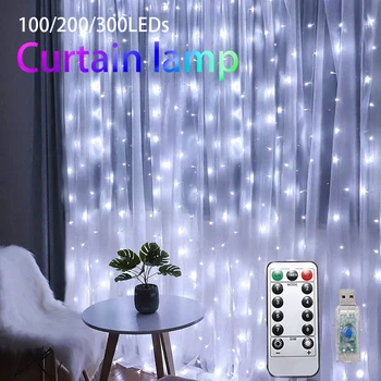 3M LED Christmas Fairy String Светлини Remote Control USB New Year Garland Curtain Lamp празнична украса за дома прозореца на спалнята