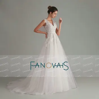 Елегантна сватбена рокля Boho 2020 V-образно деколте без ръкави с отворен гръб и рокля на булката дълго vestido de noiva robe de mariee дантелено сватбена рокля