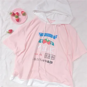 Harajuku Сладко Ягода Print Женска тениска с качулка и с къс ръкав Tee Kawaii Момиче Студентски пуловер летни млечни букви ризи