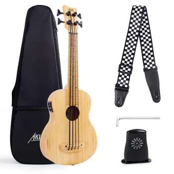 AKLOT Electric Ukulele Bass 30 inch Ubass All Solid Bamboo 4 String with EQ 23:1 High Ratio Тунер w/ Strap Настройка Wrench