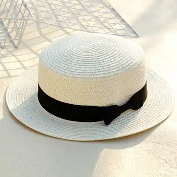 жените лятото сламена шапка класически черен колан Панама слънчеви очила Джаз шапка Женски плаж sun cap