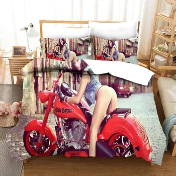 Комплект постелки 3D мотоциклет красотата секси момиче печатни чаршаф с наволочками Queen King Size одеяло комплект спално бельо 2/3шт