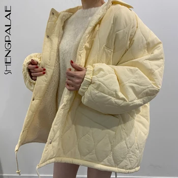 SHENGPALAE Solid Color Parka Coat дамски зимни 2020 ревера Argyle голям размер дълъг ръкав шнур памучен стеганая яке 5A796
