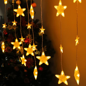 Led Звезди Струнни Светлини На Гирлянда Завеса На Прозореца Външно Украса За Рожден Ден Коледа Осветление Сватба Приказни Светлини На Гирлянда