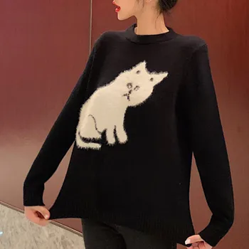 Корейски японски стил свободен пуловер на черно бяла котка мозайка цветен блок с дълъг ръкав сладък пуловер пуловер върховете жилетка T00401A
