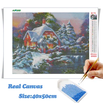 AZQSD 5d Diamond Живопис House Cross Stitch Diamond Embroidery Sale Snow Landscape Picture Of Rhinestones Собственоръчно Home Decor