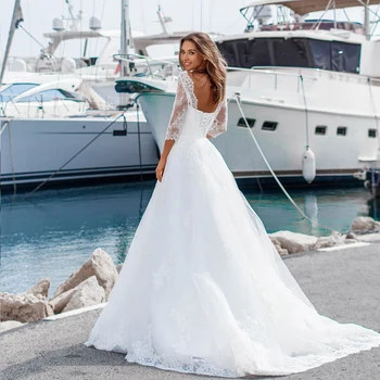 ADLN Scoop Дантела Wedding Dress with 3/4 Sleeves A-line Bridal Dress Robe de Mariage Lower Back Sweep Влак Bride Dress