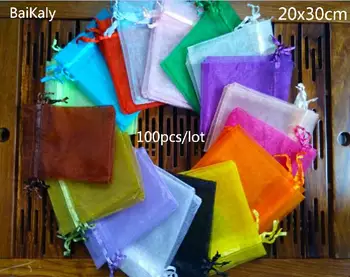 100 бр./лот 24 цветове, големи бижута органза чанта 20x30 см чанта сватбени играчки, Бижута опаковка торбичка органза с подарък чанта дантела чанта