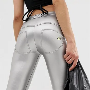 Мелодия четири начина растягивающиеся сребърни панталони от изкуствена кожа жени Mid Rise Button Fly Push Up ПУ кожени панталони плюс размер панталон