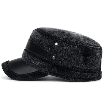 MISSKY Зимни мъжки шапки сгъсти защита на ушите, тъмно синя капачка на средна възраст, мъжки изкуствени косми е плоска топла шапка