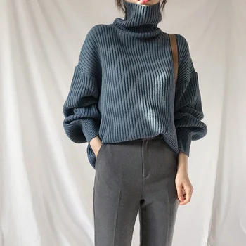 2020 корейски стил синьо Поло пуловер пуловер дамски мързелив знания ежедневни пуловер реколта фенер ръкав на пуловер