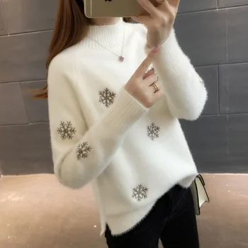 2021 нов зимен вязаный пуловер пуловер дамска мода имитация на норка кашмир свободни плюс размер 3XL корейски Бял дрехи, дамски блузи