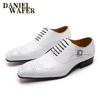 Луксозна марка мъжки Оксфорд обувки офис сватбена официалната обувки бял черен кафяв ръчно полиране стягам Остър чорап кожени мъжки обувки
