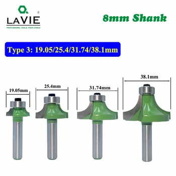 LAVIE 3pcs 8mm Round Corner Over Router Bit with Bearing 1/2