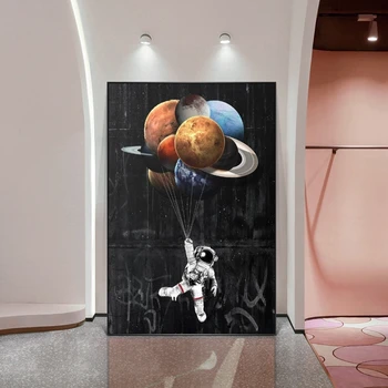Астронавт космоса мечтите на звездите граница маслена живопис изкуство платно плакати, стенни художествени картини за хола и щампи за домашен декор