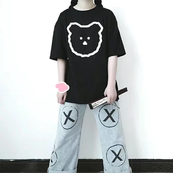 Бушмен Harajuku мечка печат жени Kawai тениска лятото на извънгабаритни памук с къс ръкав потник Kpop свободни хипи тениски