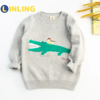 LINLING момчета пуловери печатни прекрасен Крокодил пуловер дебели топли плетени дрехи Детски дрехи са памучни с дълъг ръкав V387