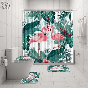 NYAA 4 бр Листа фламинго монстера душ завеса пиедестал мат капак капак на тоалетната чиния подложка за баня мат комплект за баня декор