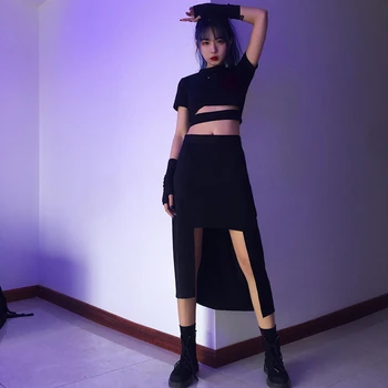 Секси дизайн на дамски поли Сплит тънка пола Harajuku стил студено черно нередовни Висока талия полата на жена дълъг тъмен стил