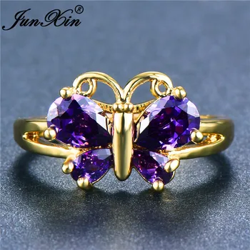 JUNXIN Чар лилаво/бяло каплевидный Циркон пеперуда пръстени за жени жълто злато изпълнен круша Камък на Камък раждането на годежни пръстени подаръци
