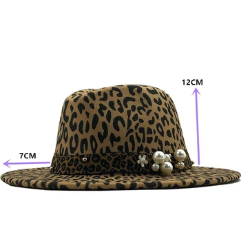 Проста широка периферия леопардовая вълнена фетровая шапка Fedora за жени Леопард pearl New Warm Winter Panama Hat men Jazz Cap