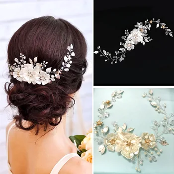 SLBRIDAL ръчно кабелна Кристал планински кристал, перли и цвете сватбени аксесоари за коса Косата лозя Hairband сватбени превръзка, за шаферки