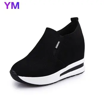 Hot Lady Slip-On Solid Black Flock Wedges Casual Women Sneakers Leisure Обувки На Платформа Дишаща Height Increasing Shoes 2020