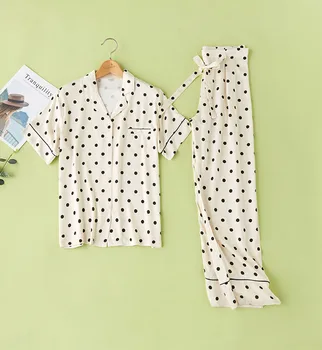 Грах печатни летни дамски пижами, определени с къс ръкав и дълги панталони пижами вискоза плат Pijama Feminino Начало пижами