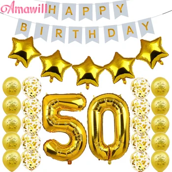 Amawill 50th Birthday Party Decoration Adults Set Gold 50 Confetti Latex Балон Happy Birthday Banner Men Women Favors 75Г