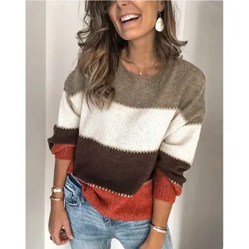 Нова Мода Есен-Зима вязаный пуловер за жени с дълги ръкави О-образно деколте, секси свободни офис дамски ежедневни пуловер пуловер