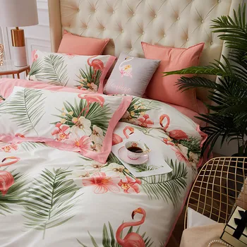 Нов продукт на печатни растения 4 бр комплект постелки египетски памук спално бельо розов сив спално бельо, пухени комплект чаршаф/fit sheet